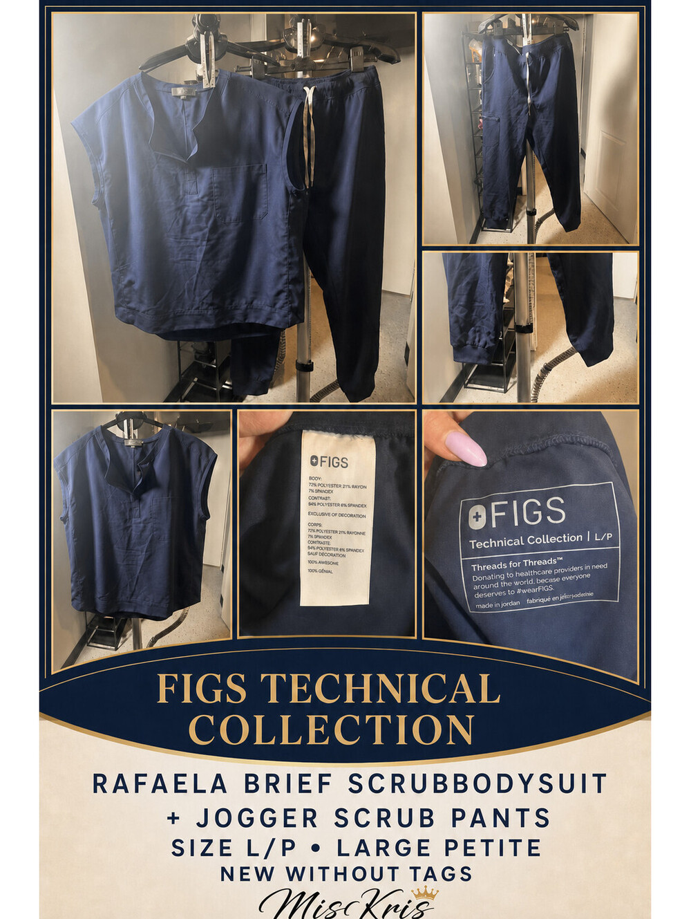 FIGS Technical Collection Navy Scrub Set Women, Rafela BS L/P Large Petite NWOT